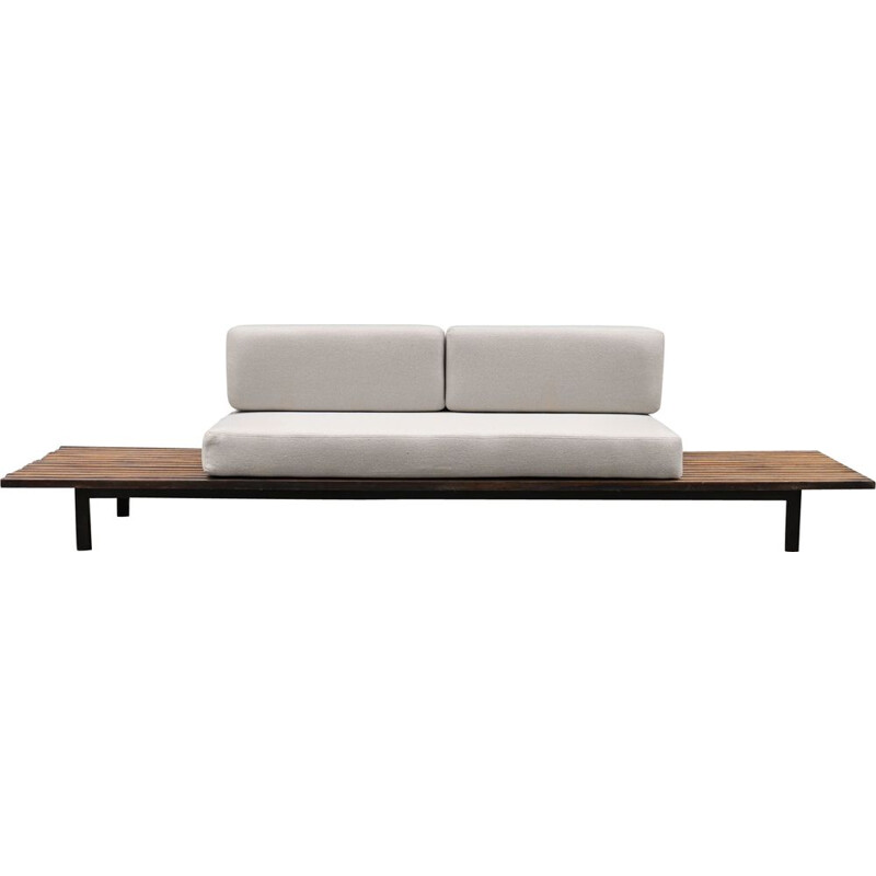 Charlotte Perriand's vintage Cansado bench in wood and white fabric 1950