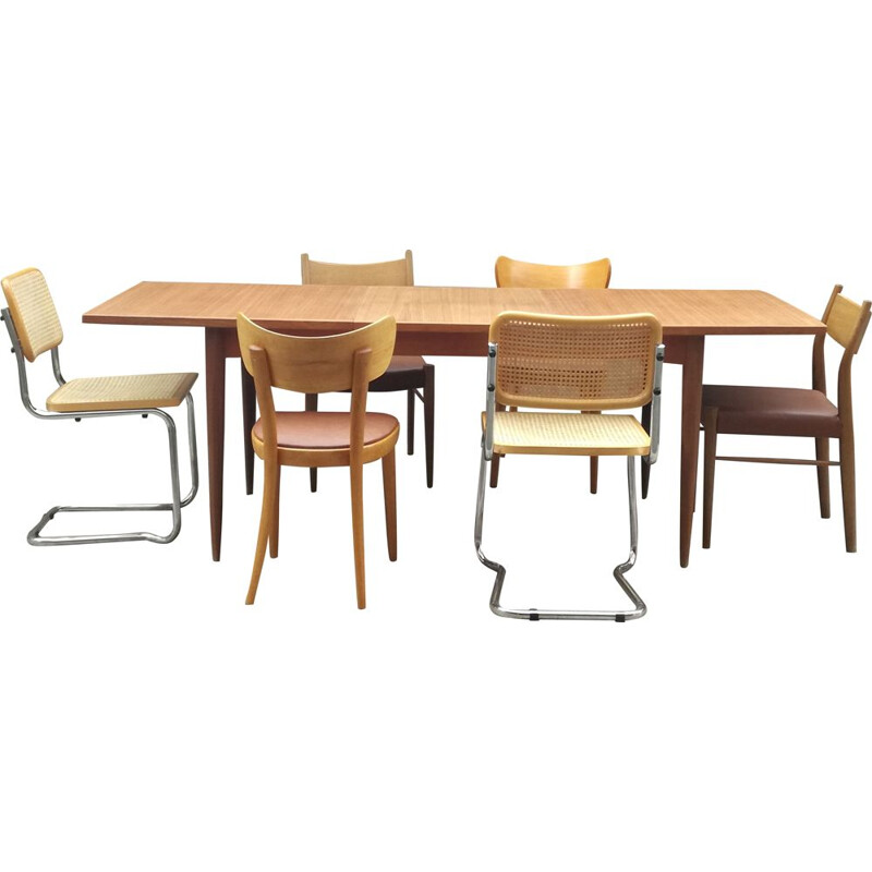 Vintage teak table and 6 mismatched vintage chairs