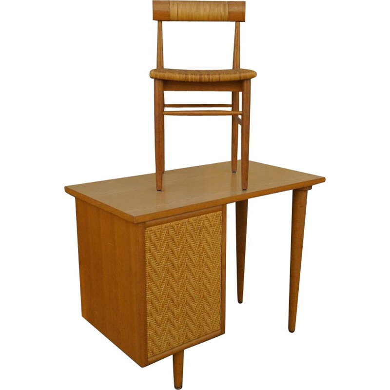 Vintage wooden and rattan desk set 1960