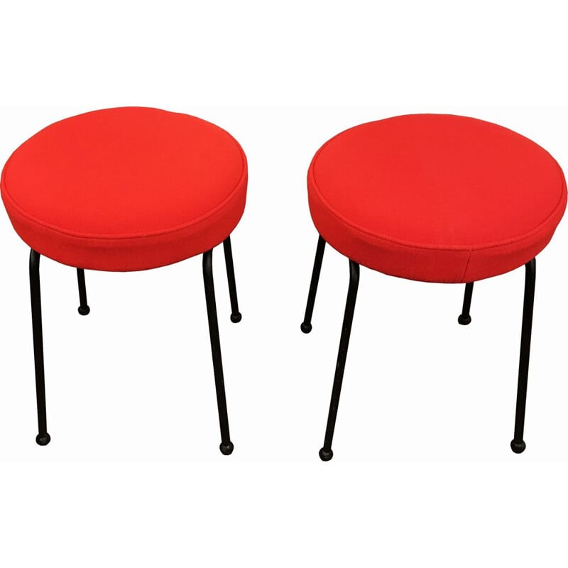 Pair of vintage stools in red wool and black metal 1950