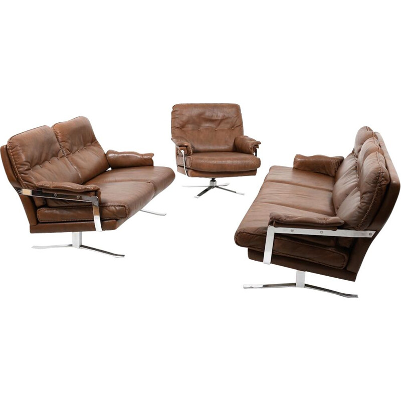 Vintage Hand-Stitched leather and chrome seating by Arne Norell