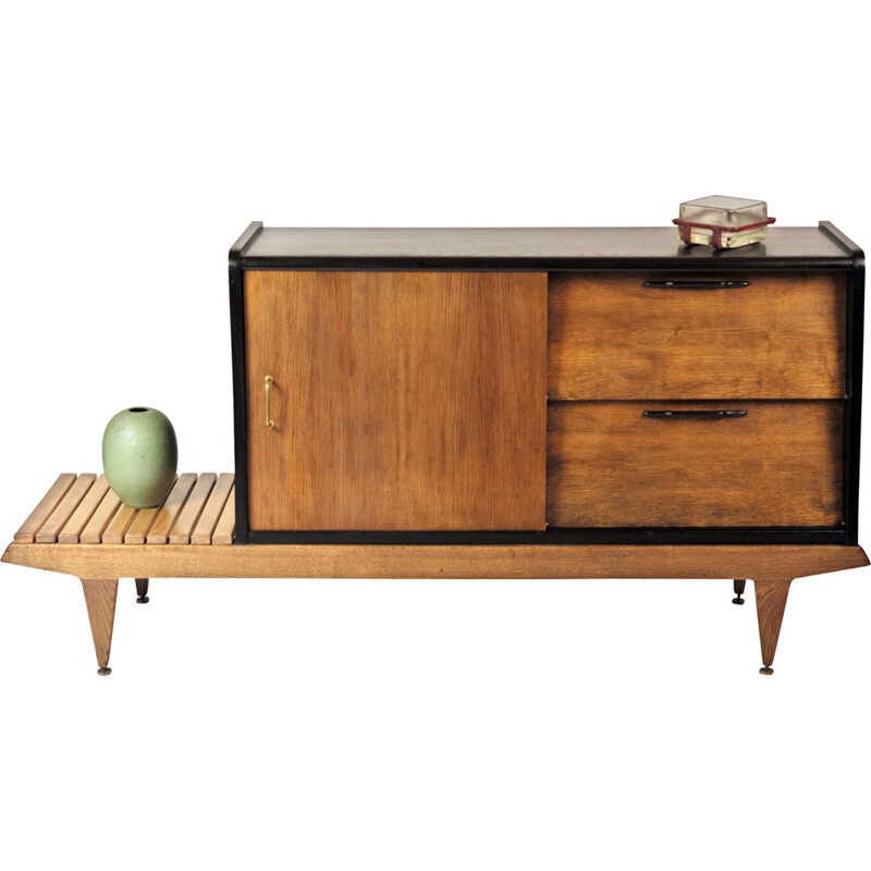 Sideboard in oakwood, beechwood and brass, Gérard GUERMONPREZ - 1950s