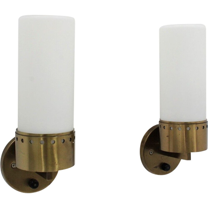 Pair of vintage brass and opaline glass tubular wall lamps 1950s