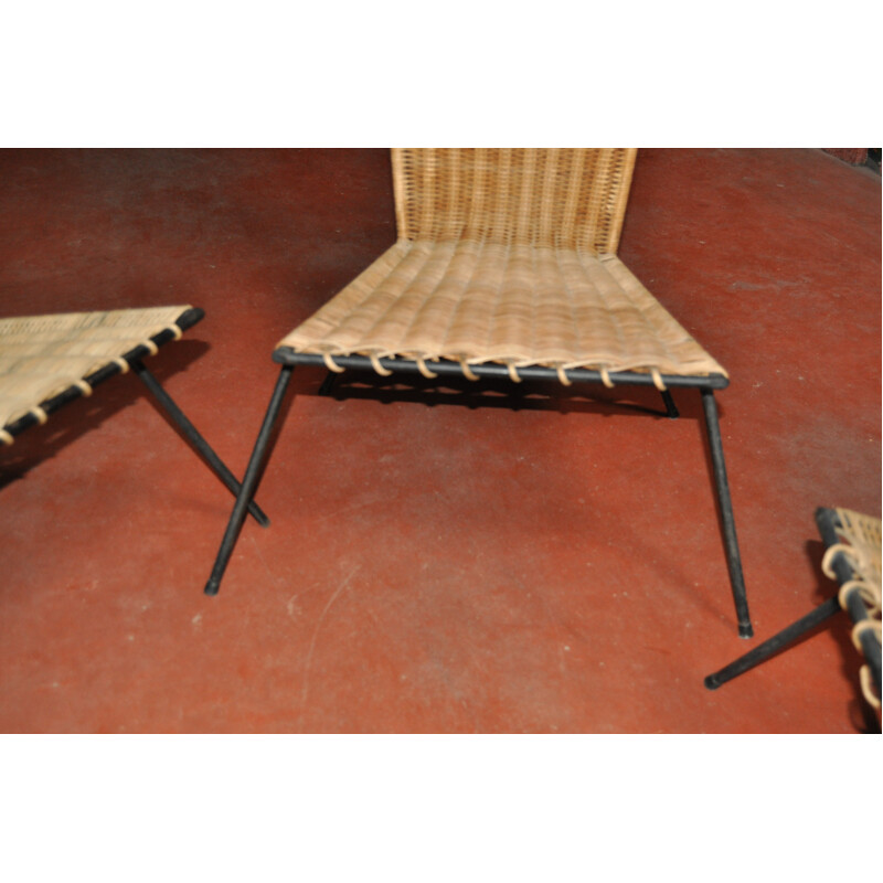 Vintage low chair in rattan and iron, Raoul GUYS - 1950s