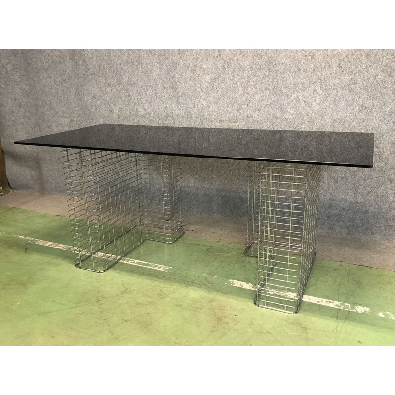 Vintage metal desk with smoked glass top