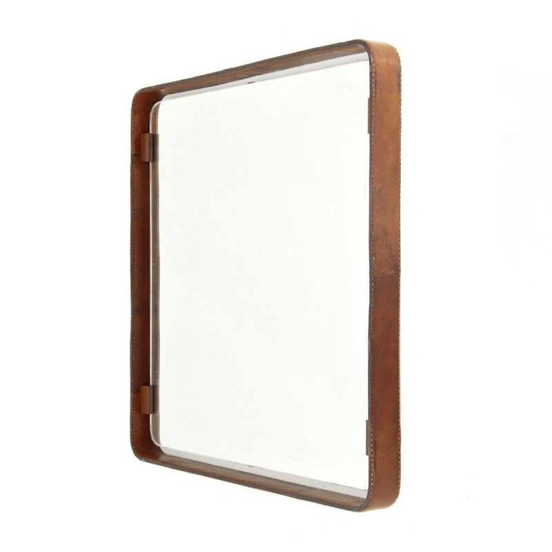 Miroir Vintage Carré avec Cadre recouvert de Cuir, Italie, années 60