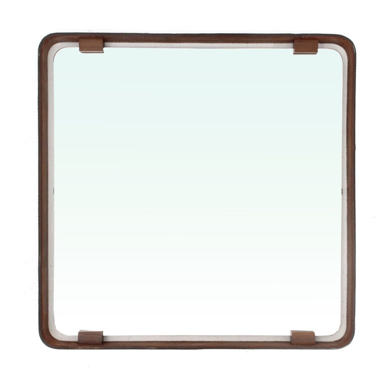 Vintage Square Mirror with leather frame, Italy, 1960s