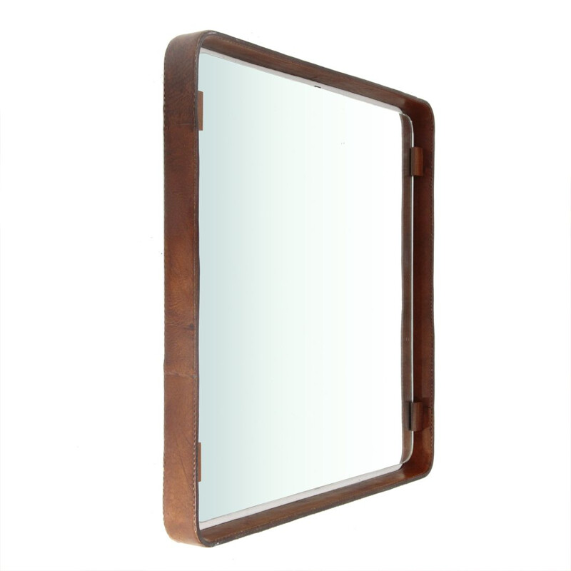 Vintage Square Mirror with leather frame, Italy, 1960s