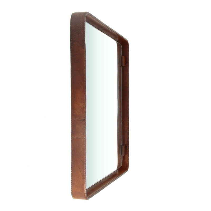 Vintage Square Mirror with leather frame, Italy, 1960s