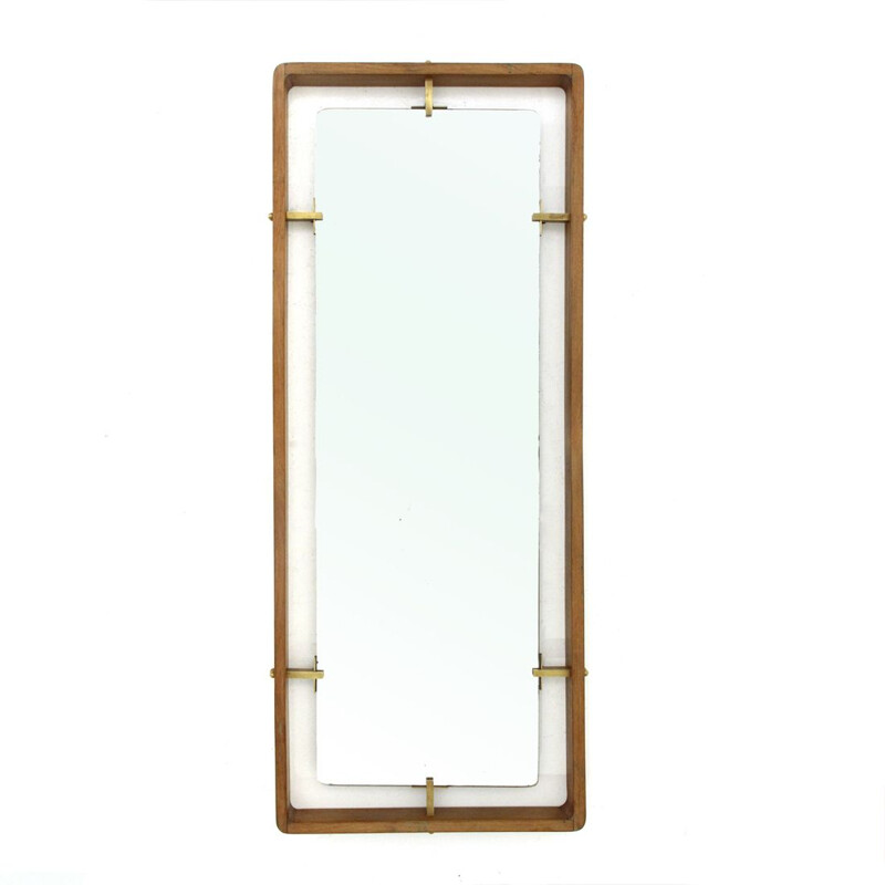 Vintage Rectangular frame Mirror in wood and brass by Sant Ambrogio e De Berti, 1950s
