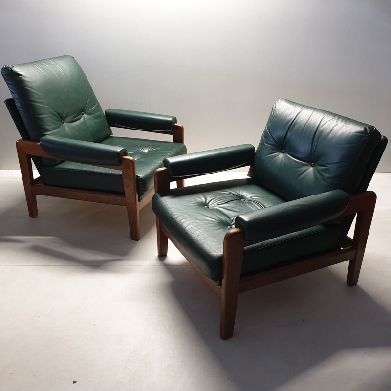 Set of 2 vintage green leather chairs in oak, 1960s