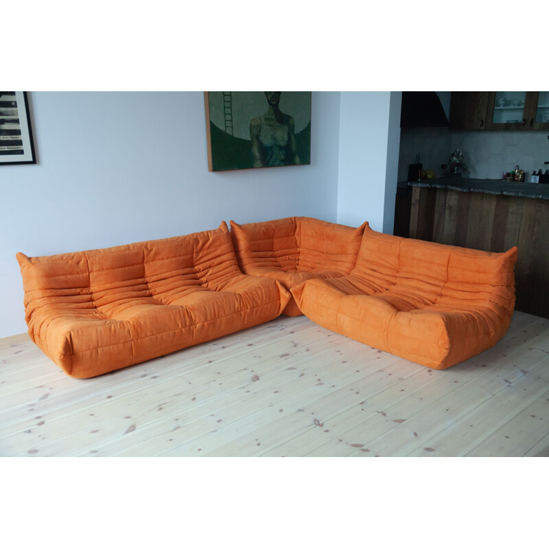 Set of 3 vintage Togo sofas in orange microfiber by Michel Ducaroy for Ligne Roset, France 1973