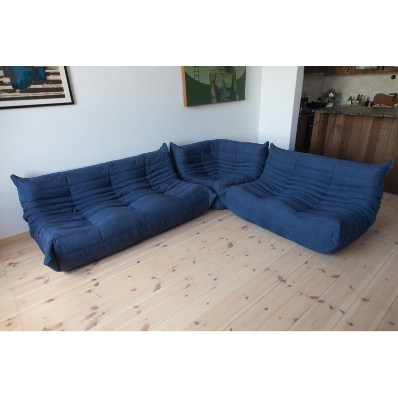 Set of 3 vintage Togo sofas in blue microfiber by Michel Ducaroy for Ligne Roset, France 1973