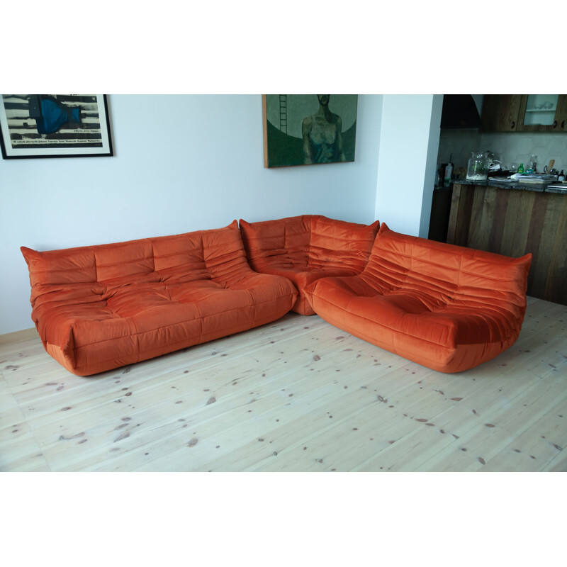 Togo vintage living room set in orange velvet by Michel Ducaroy for Ligne Roset, France 1970