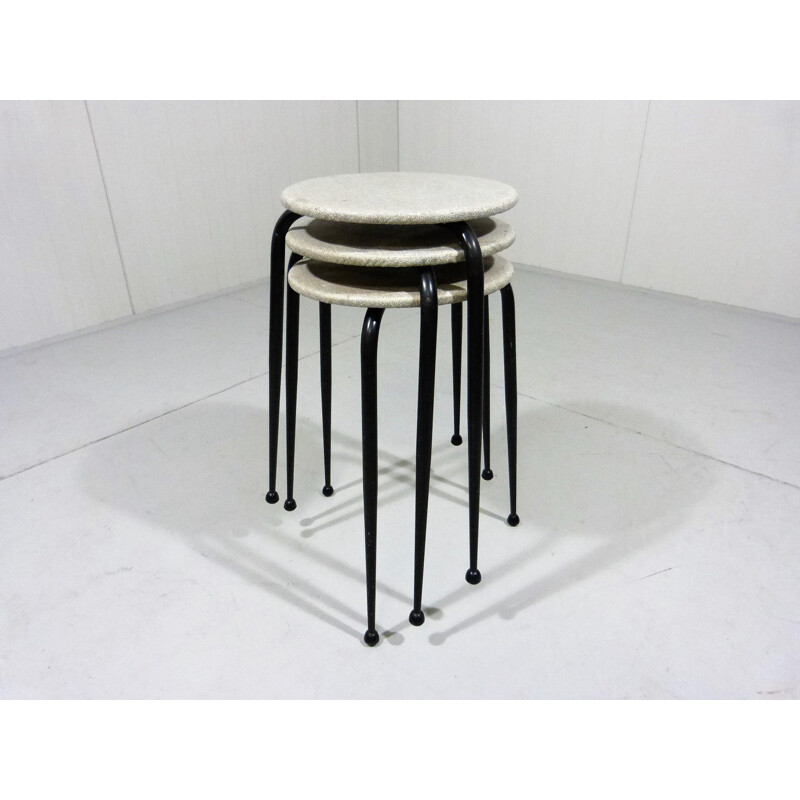 Set of 3 vintage stackable iron stools Netherlands 1950s