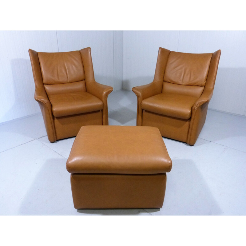 Set of vintage lounge chairs with footstool in leather, Italy 1960s