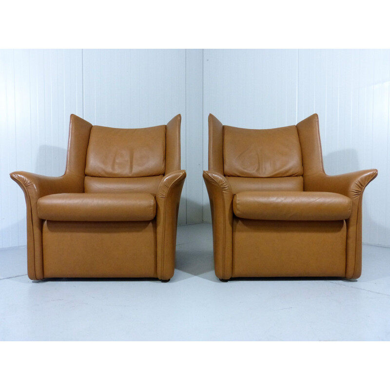 Ensemble de fauteuils lounge avec repose-pieds vintage en cuir, Italie 1960s