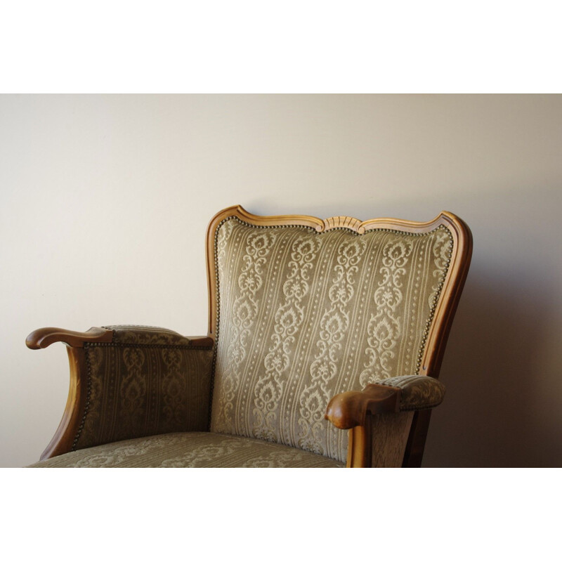 Suite de 2 fauteuils vintage en bois et tissu années 1940