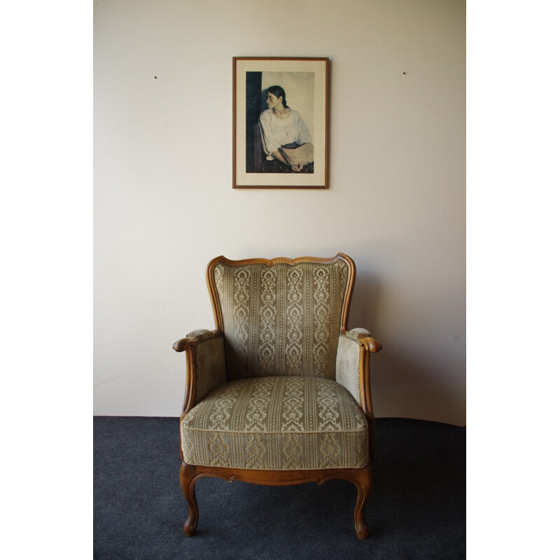 Set of 2 vintage armchairs in wood and fabric 1940s