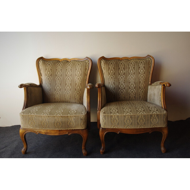 Set of 2 vintage armchairs in wood and fabric 1940s