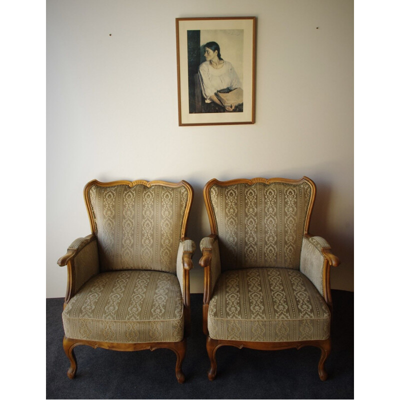 Set of 2 vintage armchairs in wood and fabric 1940s