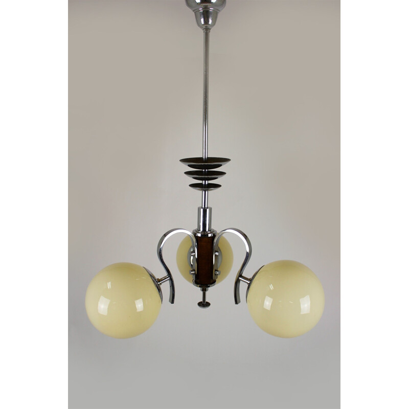 Bauhaus Chrome & Wood Chandelier, 1940s