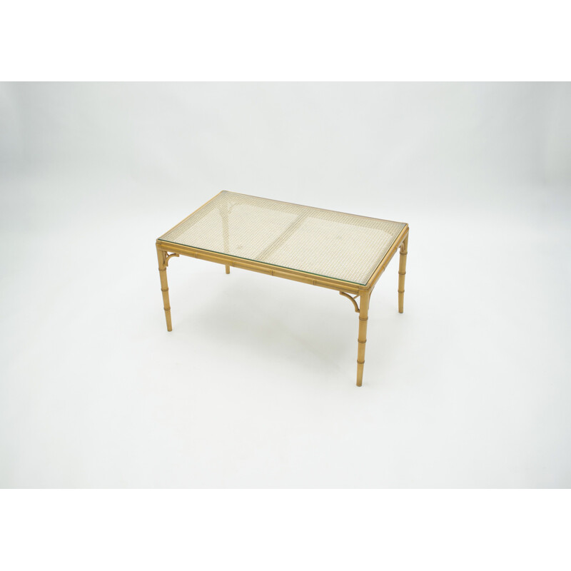 Table basse vintage verre bambou cannage vers 1960