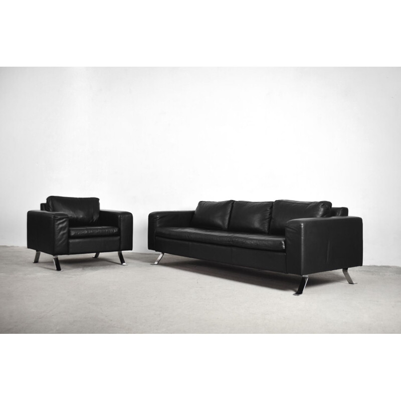 Vintage living room set by Lind Furniture, black leather, 1980s