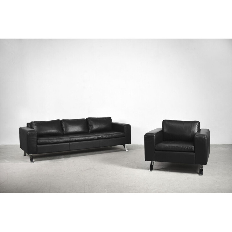 Vintage living room set by Lind Furniture, black leather, 1980s