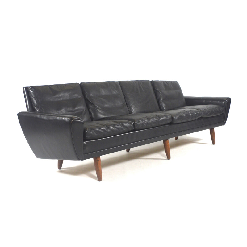Large 4-seat black leather and rosewood sofa, Georg THAMS - 1960s