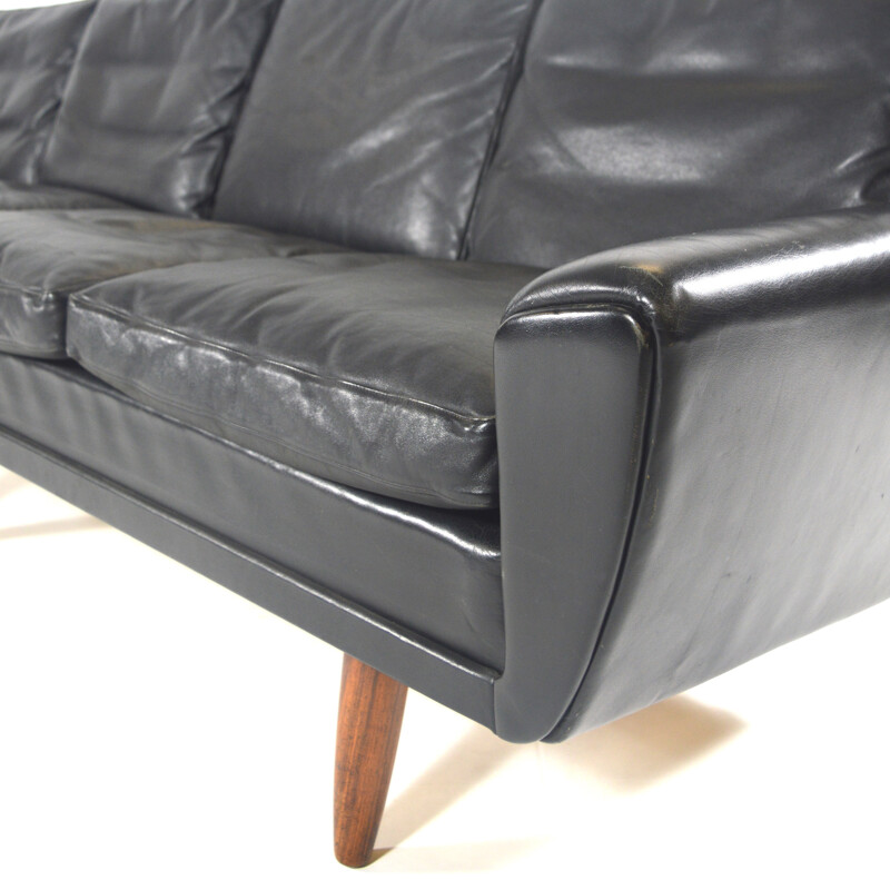 Large 4-seat black leather and rosewood sofa, Georg THAMS - 1960s