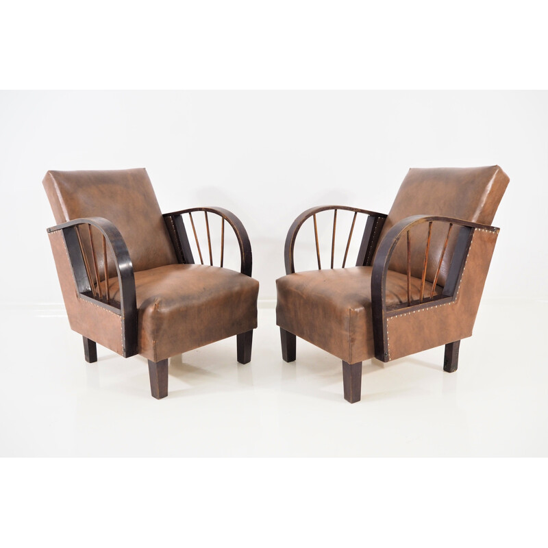 Set of 2 vintage lounge chairs, leather, 1970s