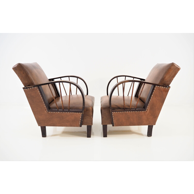 Set of 2 vintage lounge chairs, leather, 1970s