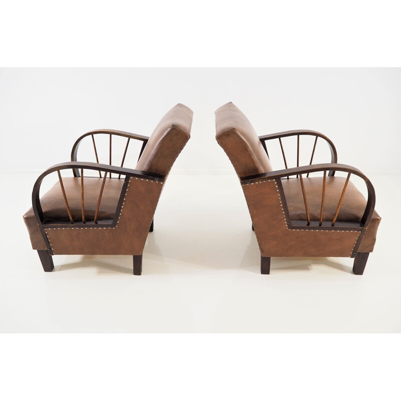 Set of 2 vintage lounge chairs, leather, 1970s