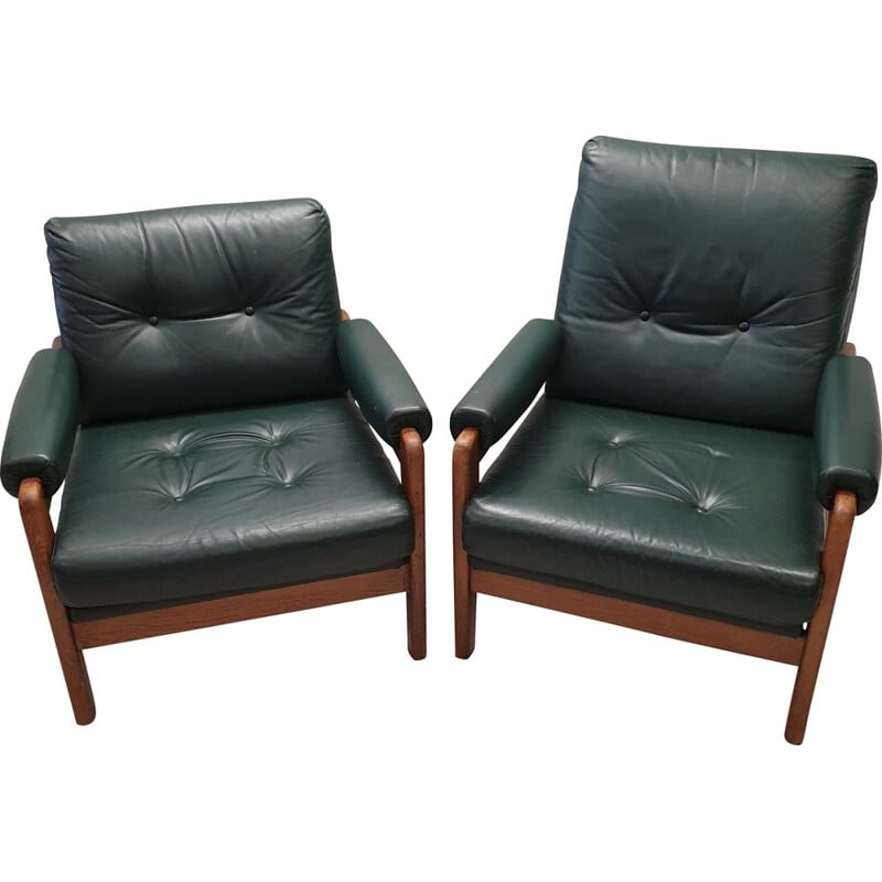 Set of 2 vintage green leather chairs in oak, 1960s