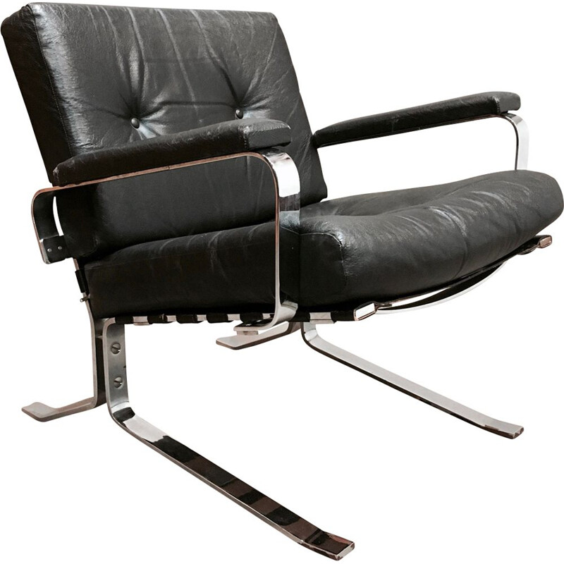 Vintage armchair black leather and chrome 1960