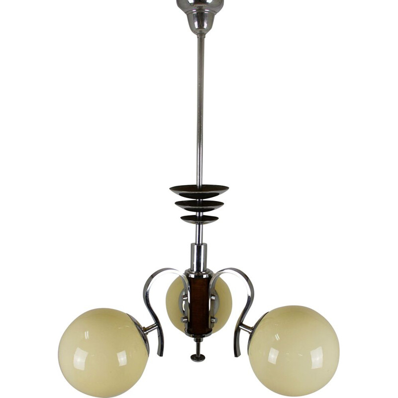 Bauhaus Chrome & Wood Chandelier, 1940s