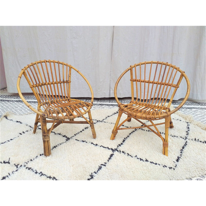 Paire de 2 fauteuils corbeille vintage en rotin, 1950