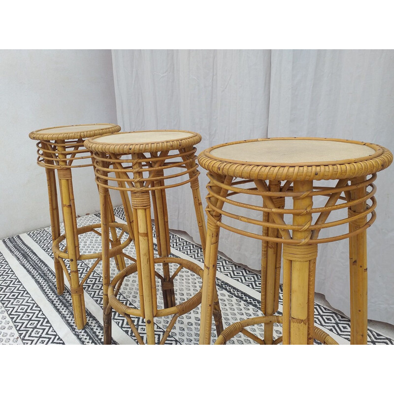 Suite of 3 vintage bar stools in rattan 1970s