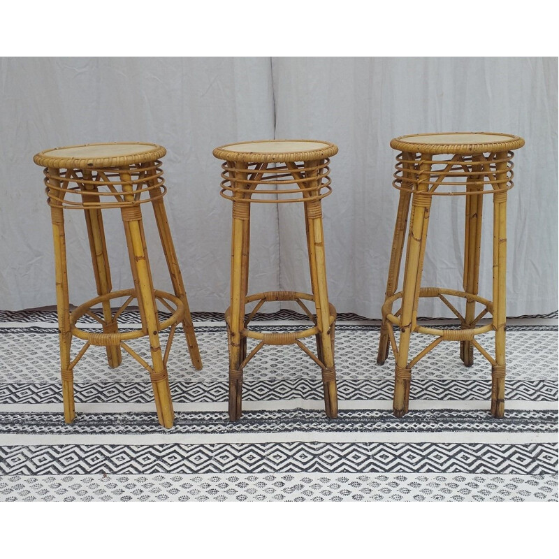 Suite of 3 vintage bar stools in rattan 1970s