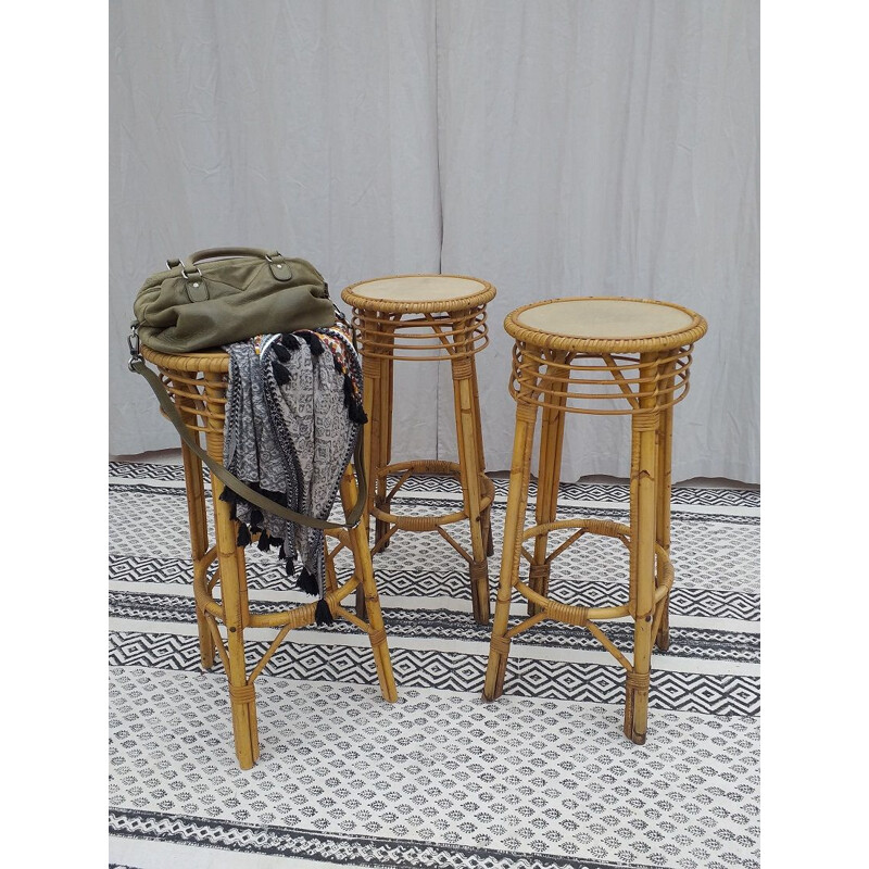 Suite of 3 vintage bar stools in rattan 1970s