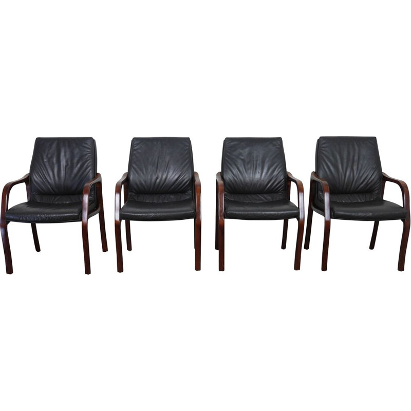 Set of 4 vintage armchairs in leather and mahogany, Germany 1970s