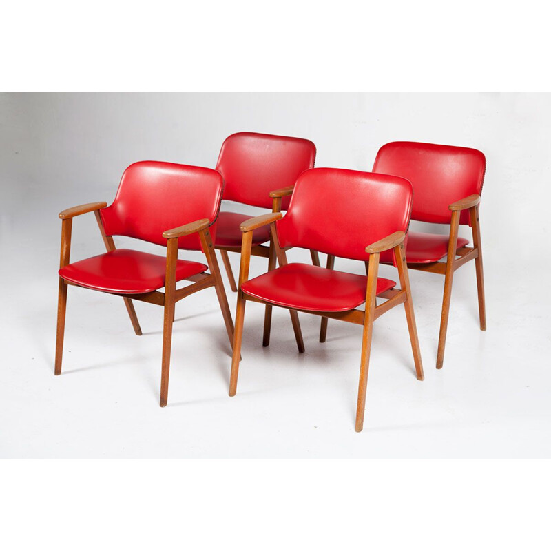 Suite  vintage de 4 chaises rouge par Cees Braakman pour Pastoe, 1950