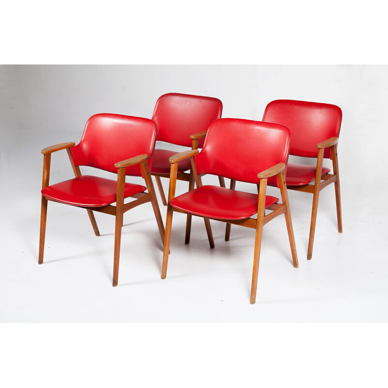 Conjunto vintage de 4 sillas rojas de Cees Braakman para Pastoe, 1950