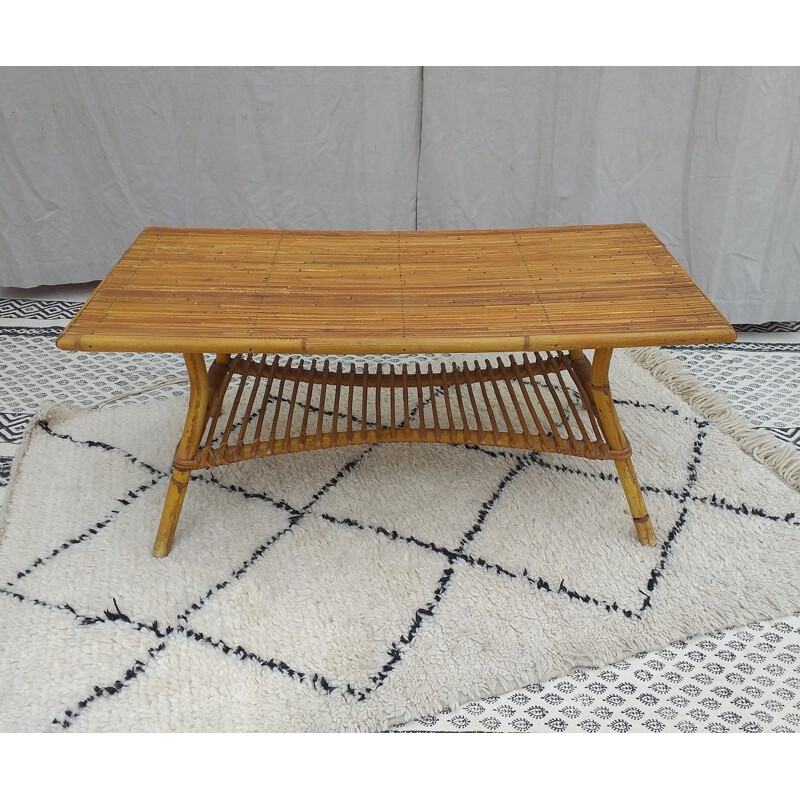 Grande Table basse Vintage en rotin 1970