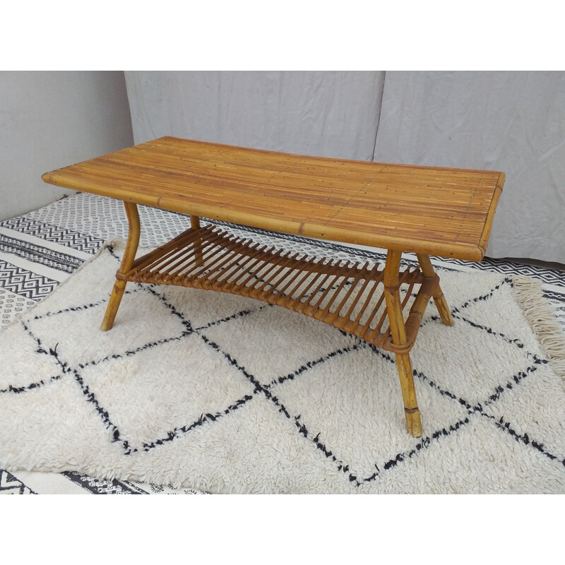 Grande Table basse Vintage en rotin 1970