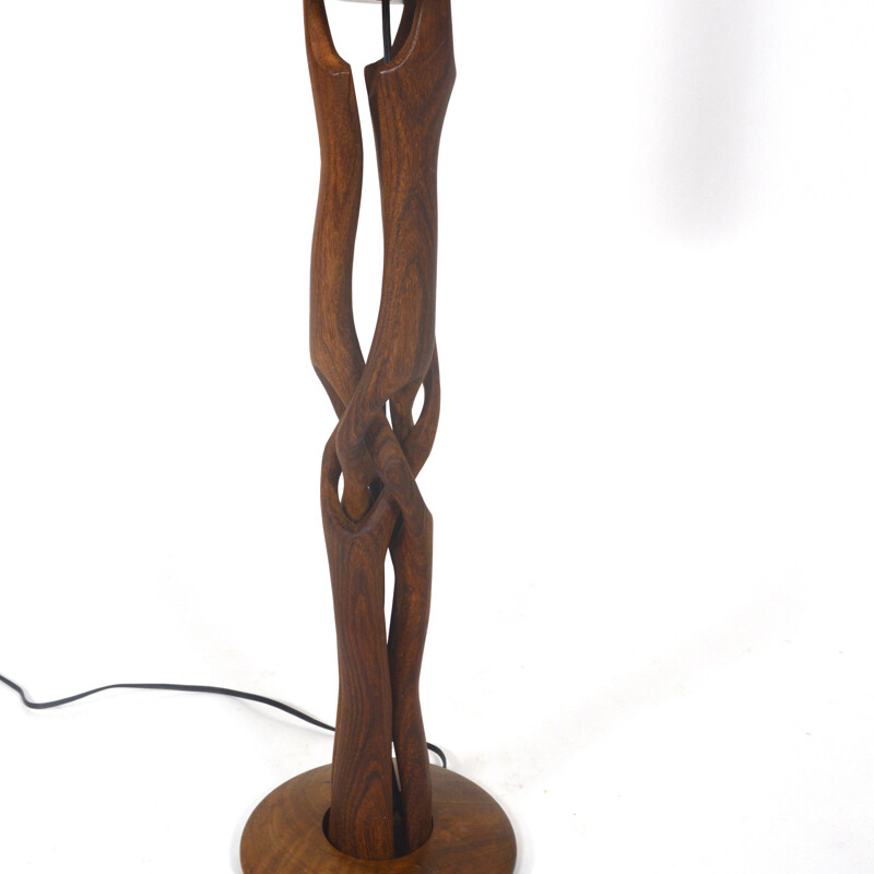 Scandinavian hand carved teak and fabric table lamp - 1960s