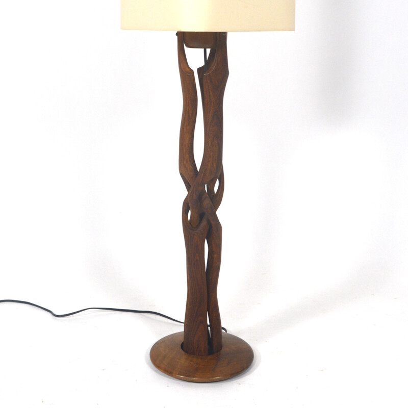 Lampe de table scandinave vintage en tissu et teck - 1960s