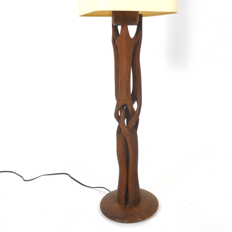 Scandinavian hand carved teak and fabric table lamp - 1960s