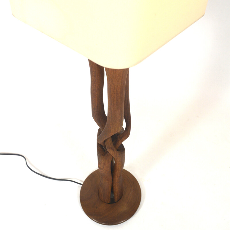 Lampe de table scandinave vintage en tissu et teck - 1960s